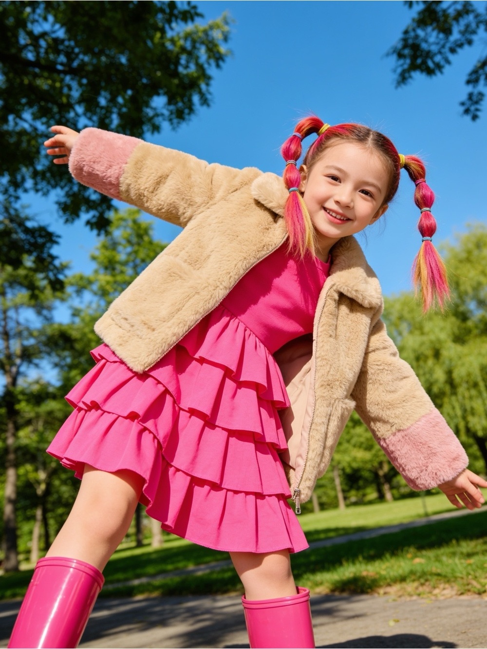 Zara Girls Faux Fur Coat Tan & Pink Size 10 (140 cm) - Picture 4 of 17